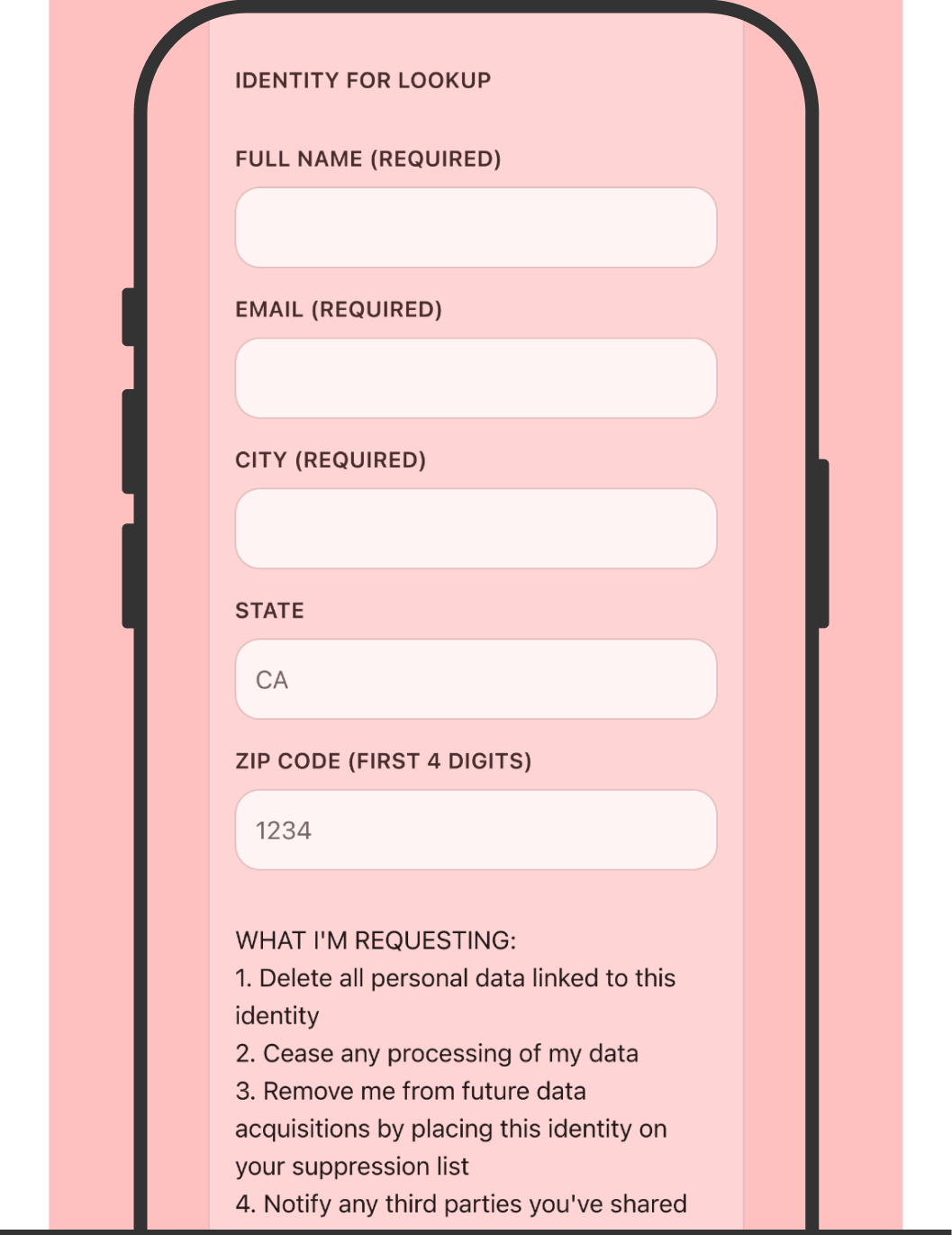 The opt-out email's identity fields — name, email, city, state, and the first four digits of a ZIP code.