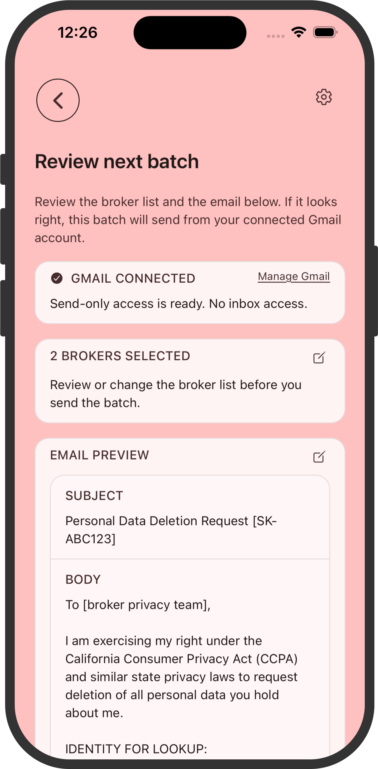 Scrappy Kin review next batch screen showing Gmail connected status, selected brokers, and an email preview before sending.