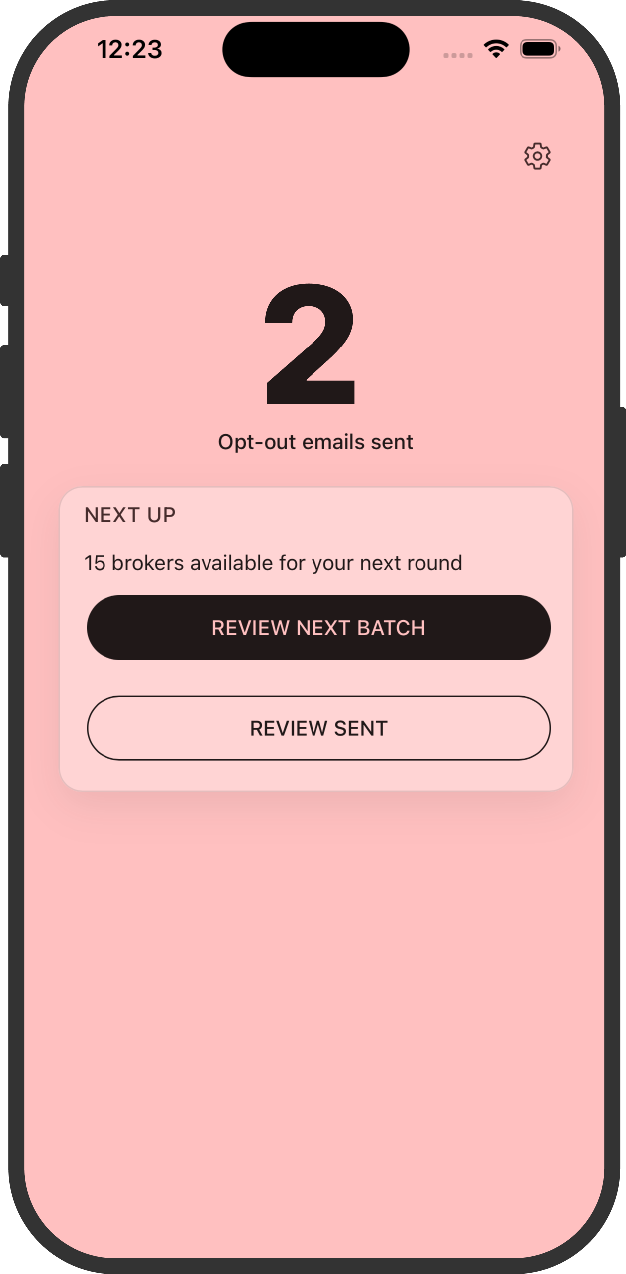 Scrappy Kin progress screen showing opt-out emails sent and the next batch available to review.